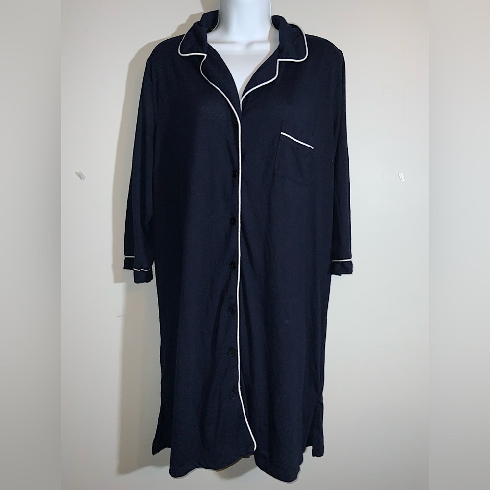 Navy Blue & White Pinstripe Button Down Long Nightshirt Sz XL